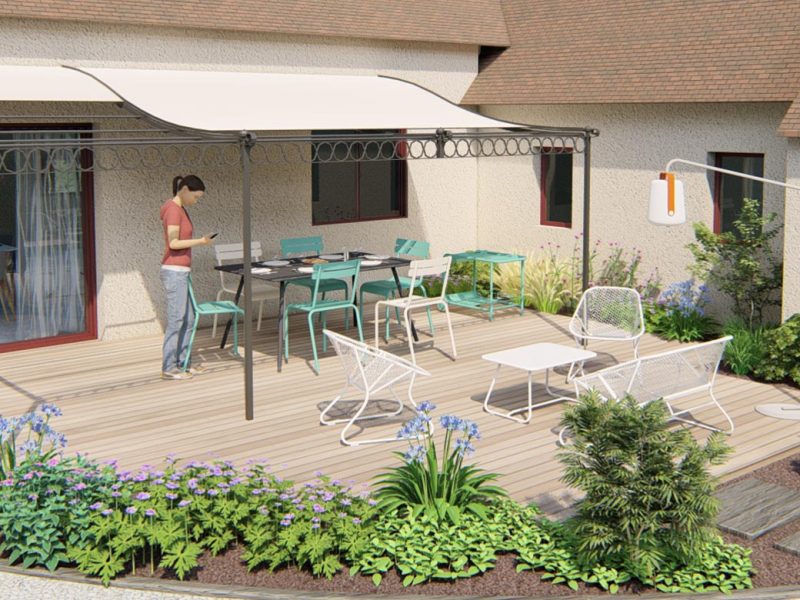 montage 3D d'une terrasse paysagée avec massifs et pergola adossée